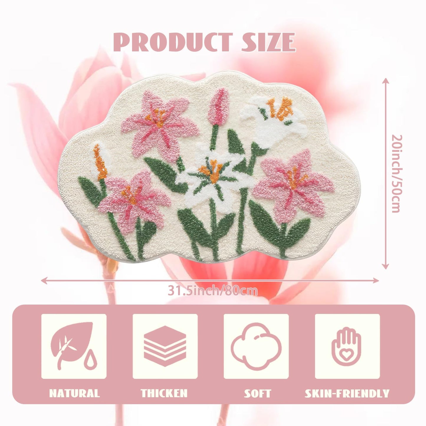 Cloud-Shaped Lily Bath Mat, Soft Non-Slip Fluffy Fresh Flowers Bathroom Rug, Ultra Absorbent Microfiber Shaggy Door Mat, Machine Washable Bath Rug Carpet for Bathtub Bedroom 20x31 Inch (White)