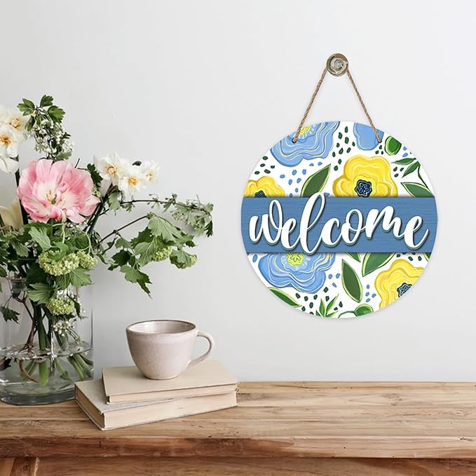 Welcome Spring Summer Flower Front Door Sign, Blue Yellow Floral Wood Door Hanger Outdoor Outside Porch Decor, Seasonal Farmhouse Wooden Wreath Indoor Wall Hanging Decoration