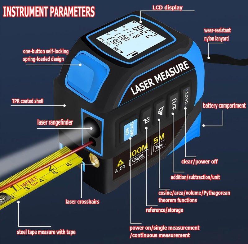 Tape Measure 4-in-1 Laser Digital Measuring Tape & 100m/328ft Laser Distance Meter & with 16ft/5m & Crosshair Markings & Dual-axis Electronic Level,Display On Backlit LCD Screen