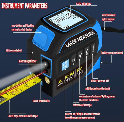 Tape Measure 4-in-1 Laser Digital Measuring Tape & 100m/328ft Laser Distance Meter & with 16ft/5m & Crosshair Markings & Dual-axis Electronic Level,Display On Backlit LCD Screen