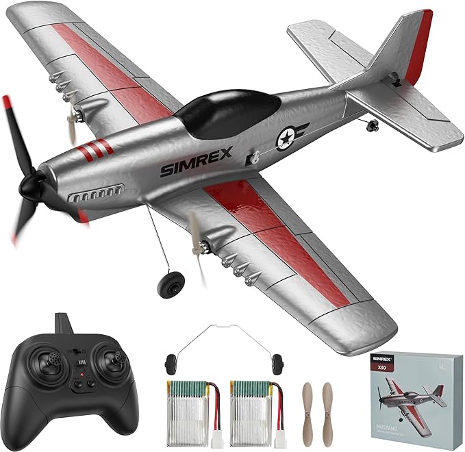 SIMREX RC Plane for Kids - 2.4GHz 3-Channel Remote Control Airplane Toy with 6-Axis Gyro 2 Speeds 2 Batteries P51 RC Airplane Foam Glider - Gift for Boys &amp Girls