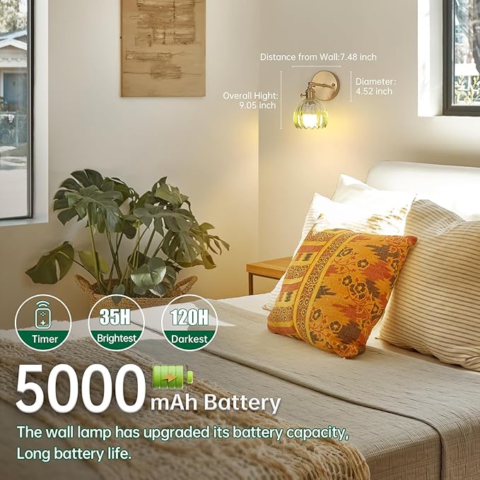 Vintage 5000 mAh Battery Operated Wall Sconce with Green Clear Tulip Gradient Glass Lampshade Rechargeable Battery Powered Wall Light with Remote Control for Bedroom, Set of 2