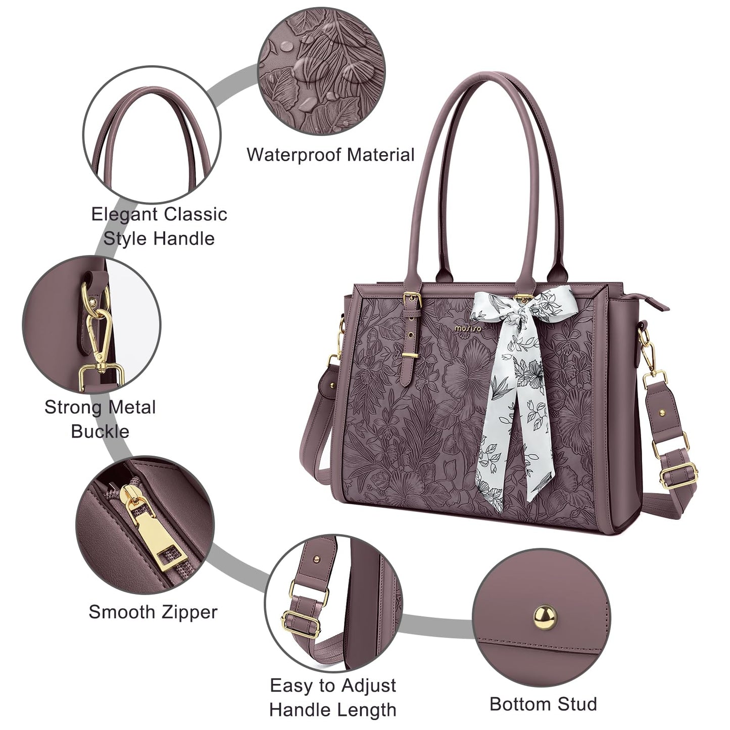 MOSISO Laptop Bag for Women, 17-17.3 inch PU Leather Tote Bag Compatible with MacBook, HP, Dell, Asus Notebook, Front Embossed Retro Hibiscus Computer Bags with Silk Scarf&Clutch Purse, Slate Purple