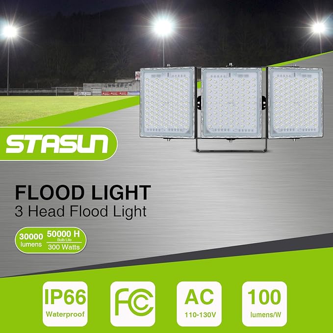 STASUN Flying Series Pro - LED Flood Light Outdoor, 450W 45,000 lumens Stadium Arena Lighting, IP66 Waterproof Exterior Commercial Floodlight, 6000K, 3 Adjustable Heads for Yards, Streets