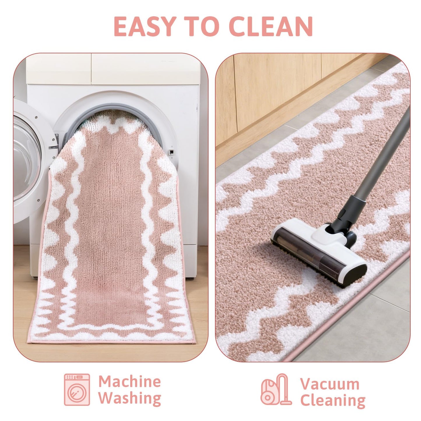 Findosom Scalloped Bathroom Rugs Sets 3 Piece, Absorbent Soft Non-Slip Washable Microfiber Shaggy Bath Mat Set with Bathroom Runner Rug, U-Shaped Toilet Rugs, Shower Rug, Pink-White