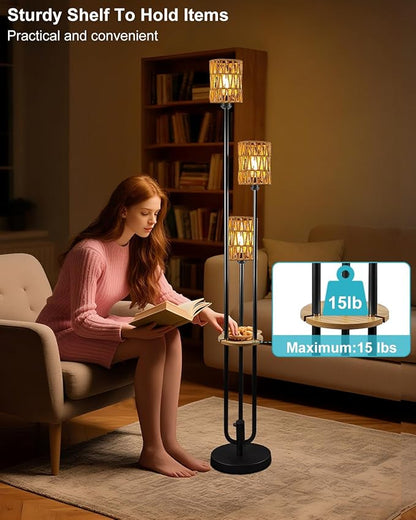 Lightdot Dimmable Boho Floor Lamps for Living Room, 3-Lights Rattan Floor Lamp with Shelves, 3000K Warmwhite Candle Holder Style Farmhouse Floor Lamp, Rustic Black Standing Lamp with Bulbs Included