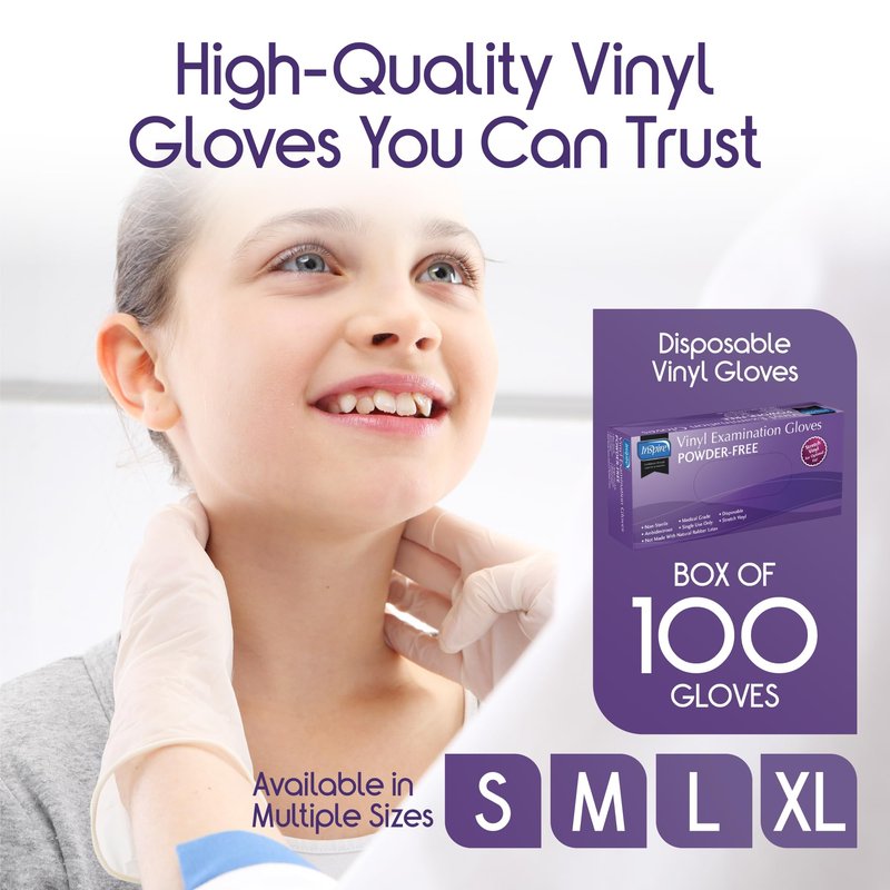 Inspire Medical Exam Gloves | Powder Free Stretch Vinyl Glove | Disposable Latex Free Gloves Food Safe For Cooking And Home Use