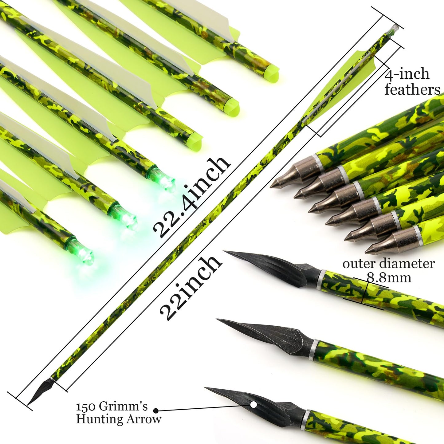 20 inch crossbow bolt Carbon Crossbow Arrow 12 Pcs With 6 Green Lighted Nock and 6 Willow Leaf Arrow Points, Hunting and Outdoor Practice lighted nocks for arrows nockturnal lighted nocks-Camouflage