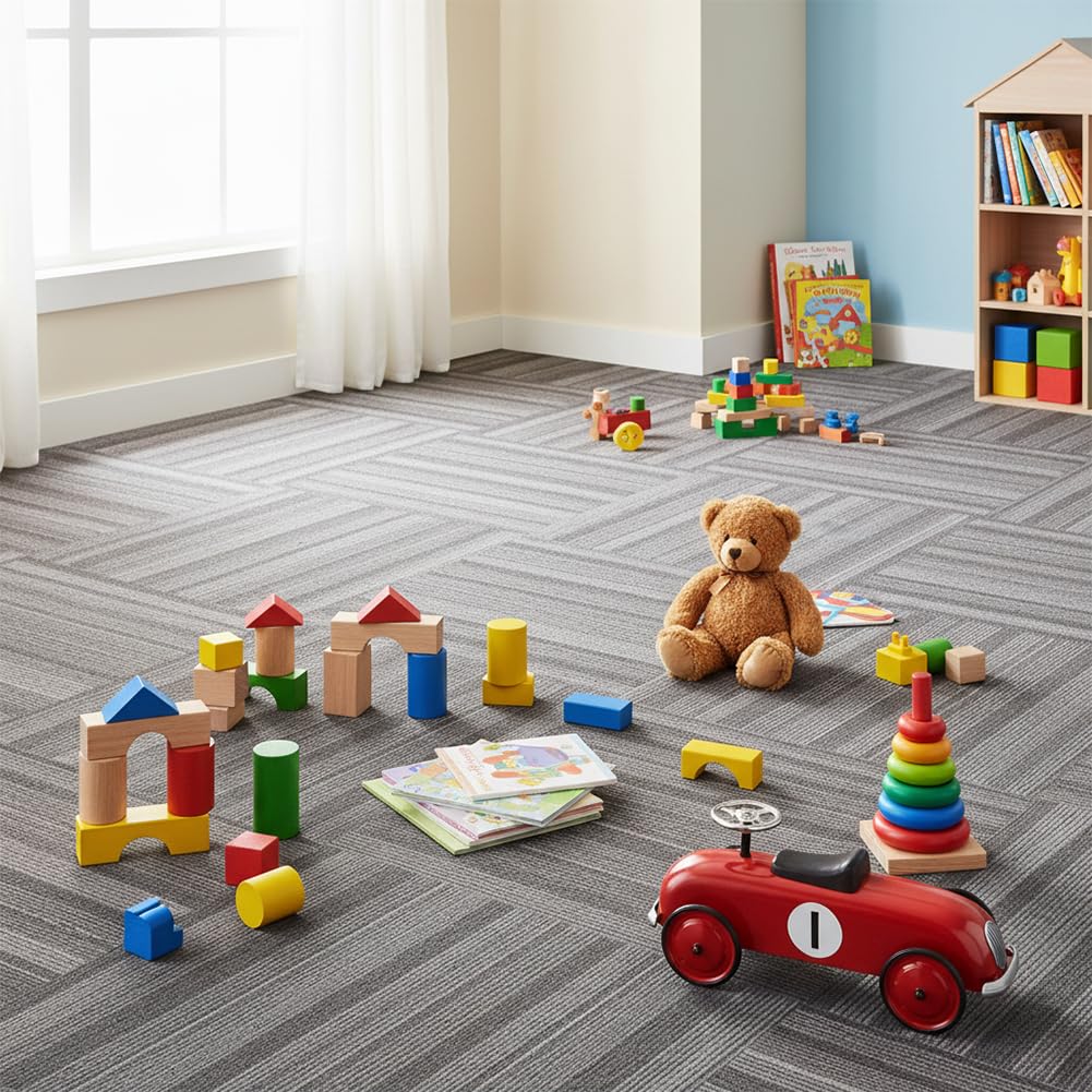 SUWUYUE Commercial Carpet Tiles 24"x 24" Reusable Squares, 18 Tiles 72 Sqft Non-Slip Gray Stripe Pattern Loop Pile Seamless DIY Flooring for Office Business Residential Spaces
