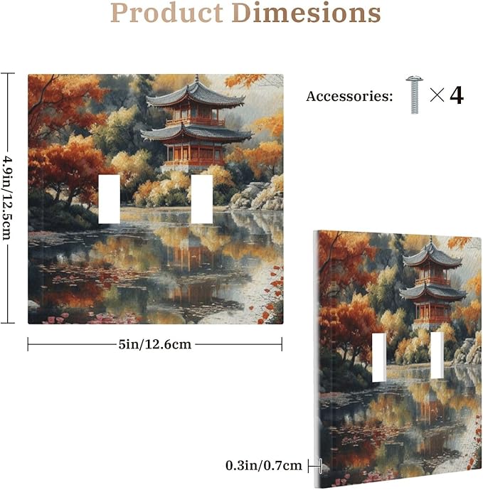Decorative Art Light Switch Covers Lake & Pagoda in Fall 2 Gang Double Toggle Wall Plate Decorative Switchcover Electrical Switchplate for Home Decor