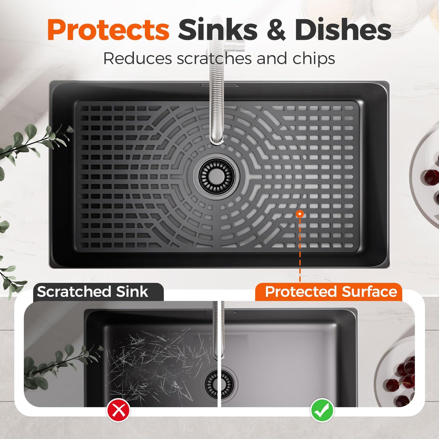 Snuggery Silicone Sink Protector 28"x15" Center Drain Hole, Heat Resistant Non-slip Dishwasher Suitable, Large Mat for Bottom of Farmhouse Kitchen Stainless Steel Sink(Grey)