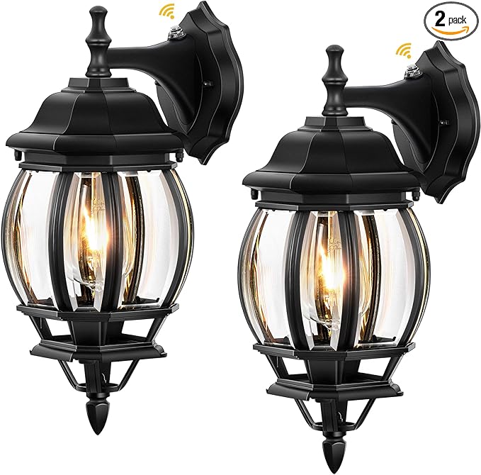 VIANIS Dusk to Dawn Porch Lights Outdoor, Black Exterior Light Fixtures Wall Mount for House, 2 Pack Modern Coach Lights for Garage with Tempered Glass, Anti-rust Outdoor Wall Sconce Lantern for Patio