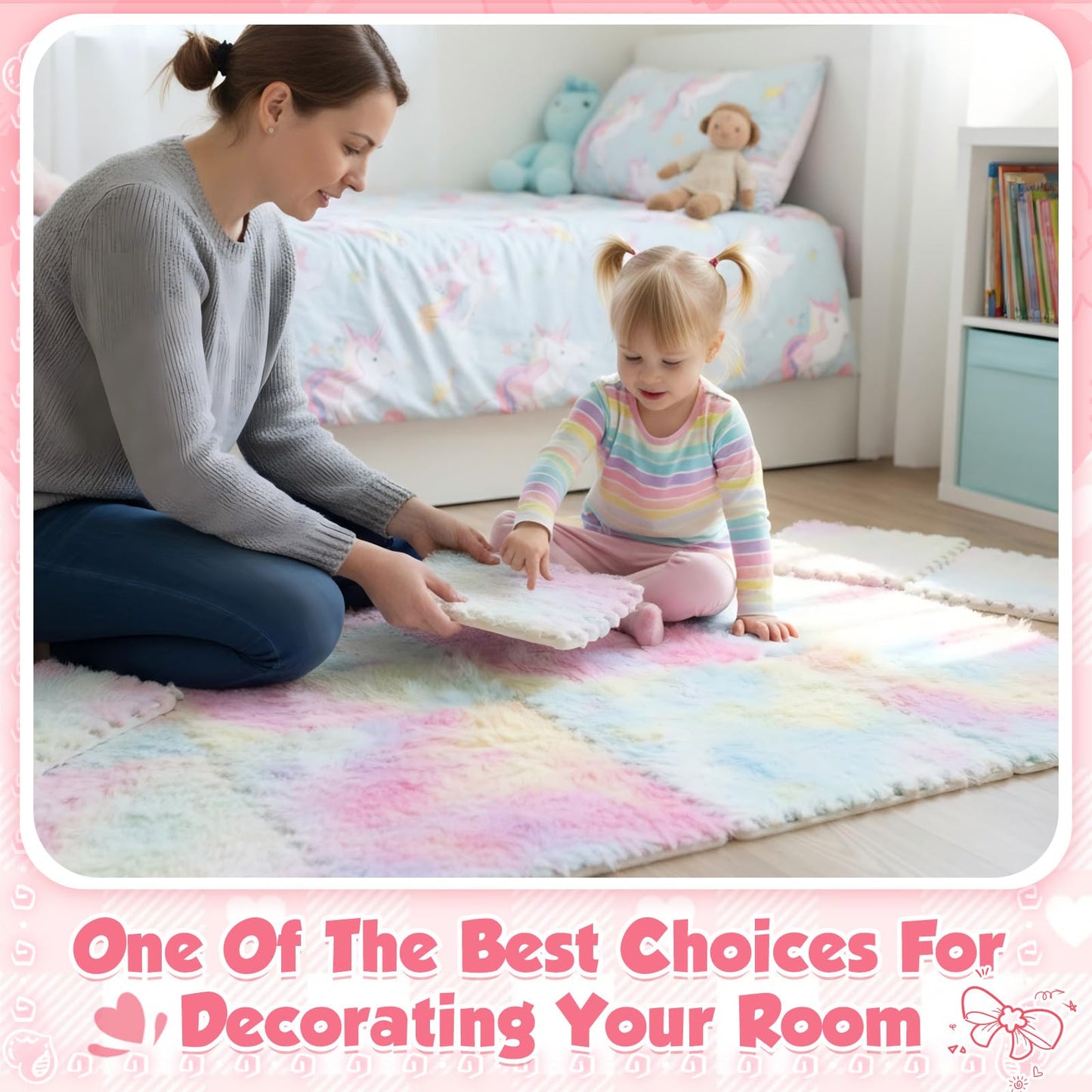 Maasechs 16 Pcs Pastel Rainbow Faux Fur Floor Tiles, 11.8 x 11.8 in Puzzle Girls Play Soft Tiles, 1.5 Inch Shaggy Square, EVA Foam Floor Mat for Nursery, Playroom, Bedroom, Toddler Room, Daycare