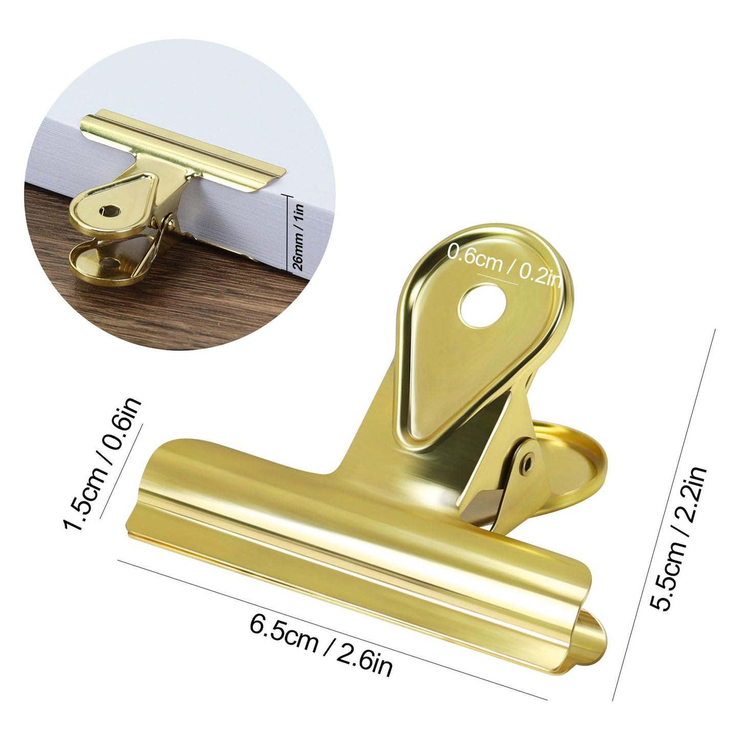 5 Pcs Bulldog Clips, 2.6x2.2 Inch Journal Clips, Metal Binder Clips, Heavy Duty Spring for Holding Journal Open, Documents, Bags Sealing, Art Books, Sheet Music (Gold)