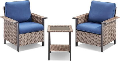 3 Pieces Wicker Patio Furniture Set-Outdoor Patio Chairs Set of 2 with Outdoor Side Table, Patio Furniture Set with Deep Seating Chairs for Porch Deck Balcony Garden Brown/Blue