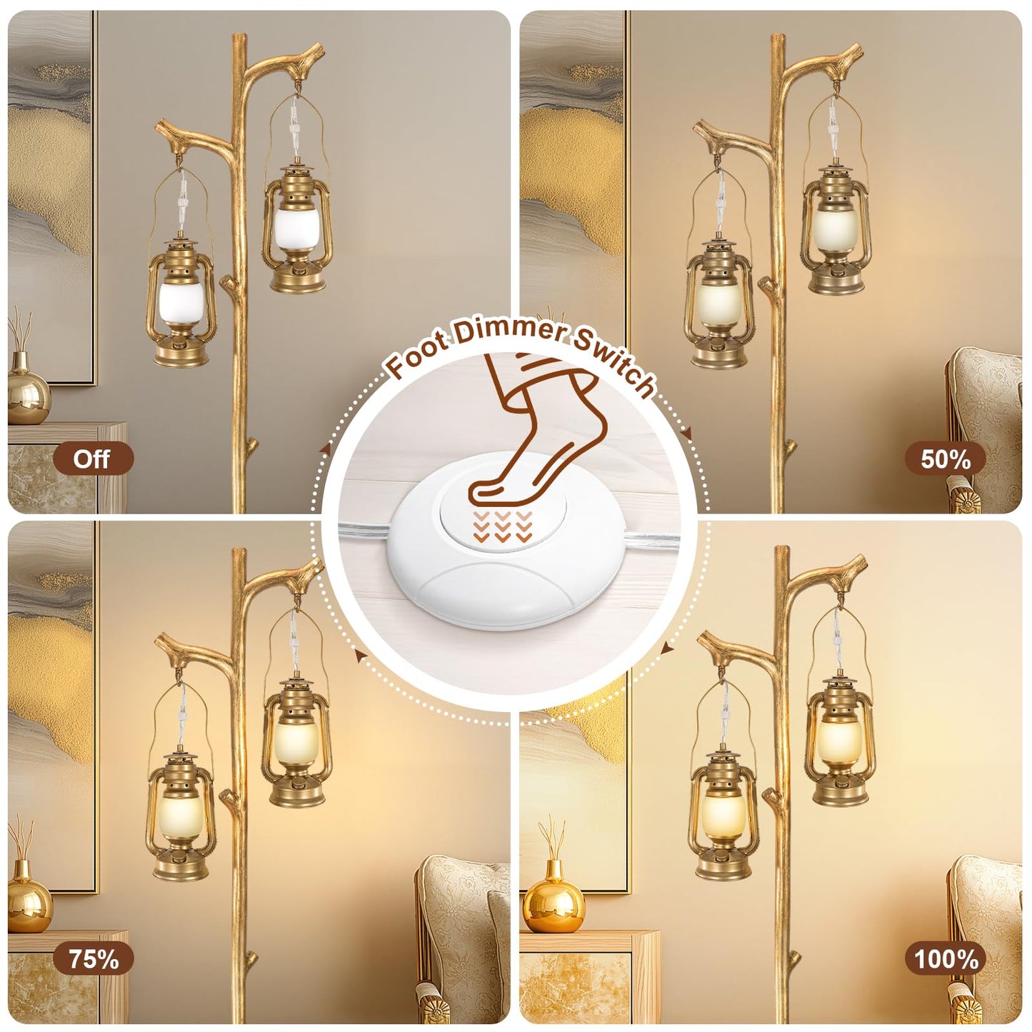 Scenekoy 68” Tall Floor Lamp with Lanterns, Gold Standing Lamp Tree Trunk Finish, Dimmable Resin Corner Lamp Stand Up Light with Bulb Prefer for Modern Living Room Bedroom Home Decor (Bulbs Included)