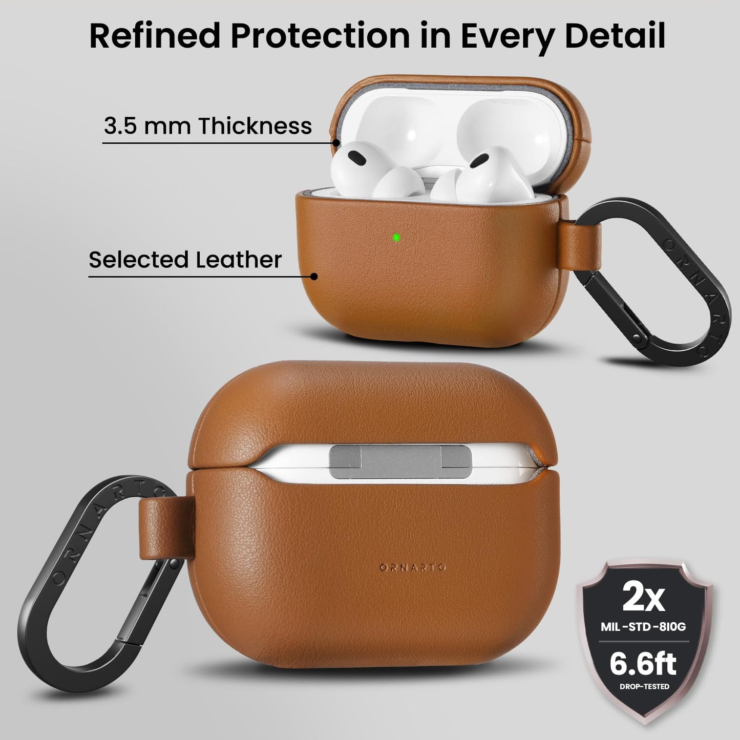 ORNARTO Compatible with AirPods Pro 3 Case, Full Protective Vegan Leather Cover for Airpods Pro 3rd Generation (2025), Front LED Visible, Brown Leather