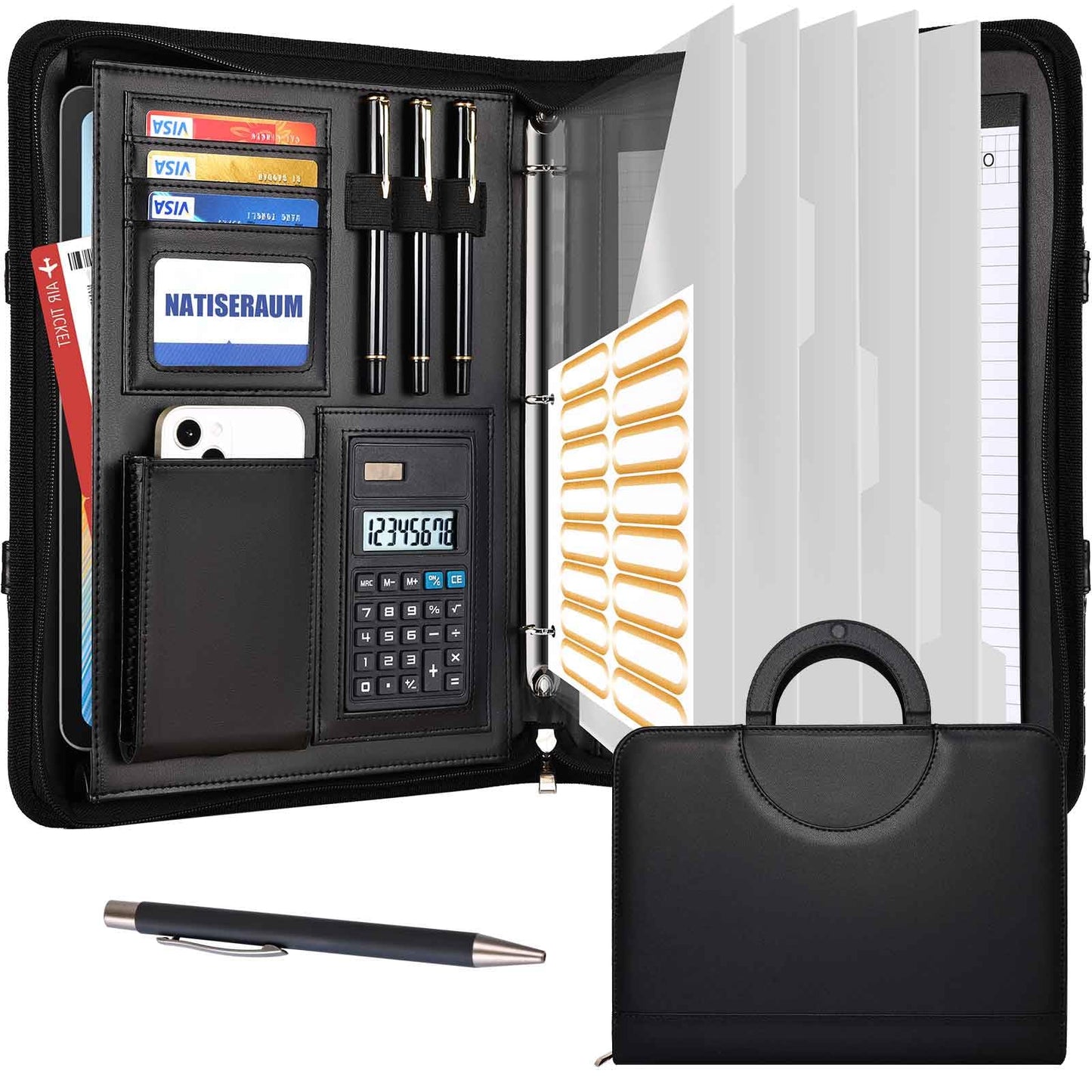 NATISERAUM Portfolio Binder 3 Ring Includes Pen and 5 Dividers with 10 Pockets, Padfolio Organizer with Magnetic Handle for Men and Women, Includes A4 Notepad for Business, School, Work