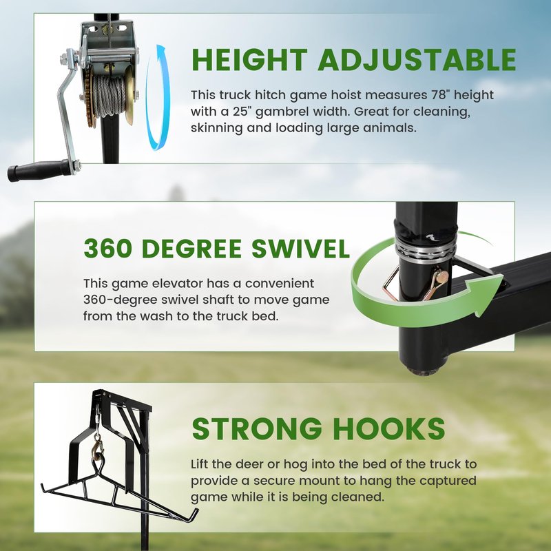 ECOTRIC Truck 2" Hitch Game Hunting Hoist, 600LB Big Game Hunting Deer Hoist, Include Gambrels Winch for Skinning or Cleaning Game, Winch Lift Gambrel Set 360 Degree Swivel Hitch Mounted