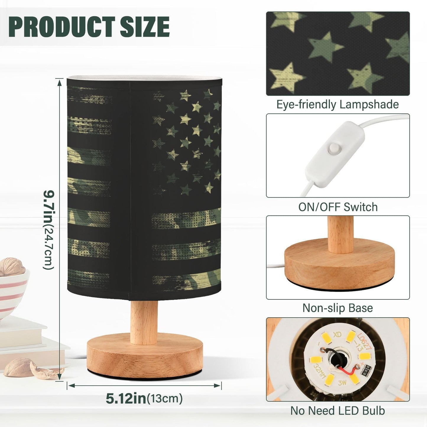 YETTASBIN Camo American Flag Bedside Table Lamp, Small LED Desk Light USB Nightstand Lamp with Non Slip Wood Base & Eye-Friendily Lampshade for Living Room Bedroom Dorm Home Office Desk Decor