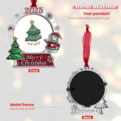 2025 Christmas Tree Ornaments Picture Frame Ornament- Made of Zinc Alloy Glitter Powder Pendant 2.5 Inch Picture Frame for Pet and Baby Holiday Keepsake Gift(Snowman,2025)