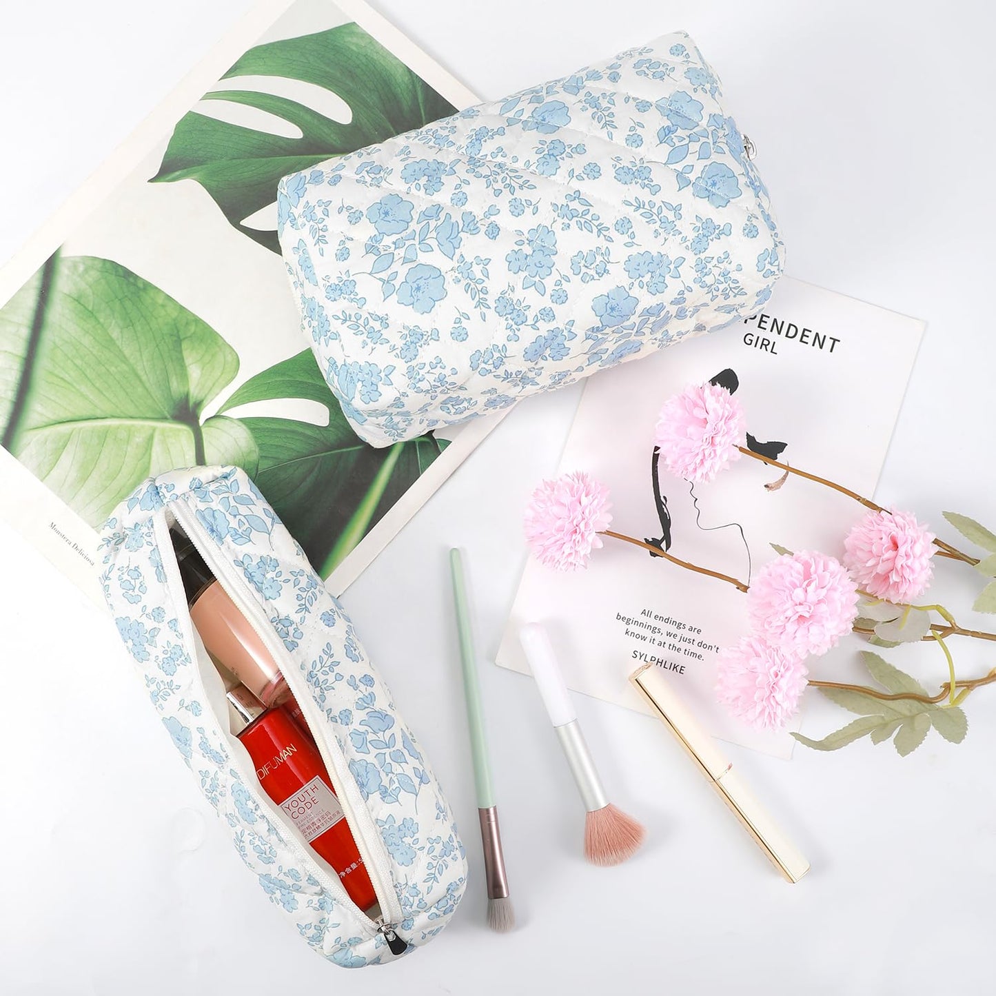3 Pcs Makeup Bag Cosmetic Bag Set for Girls Women Checkered Travel Organizer Bathroom Toiletry Pouch Large Capacity Storage Bag(Blue Flower)