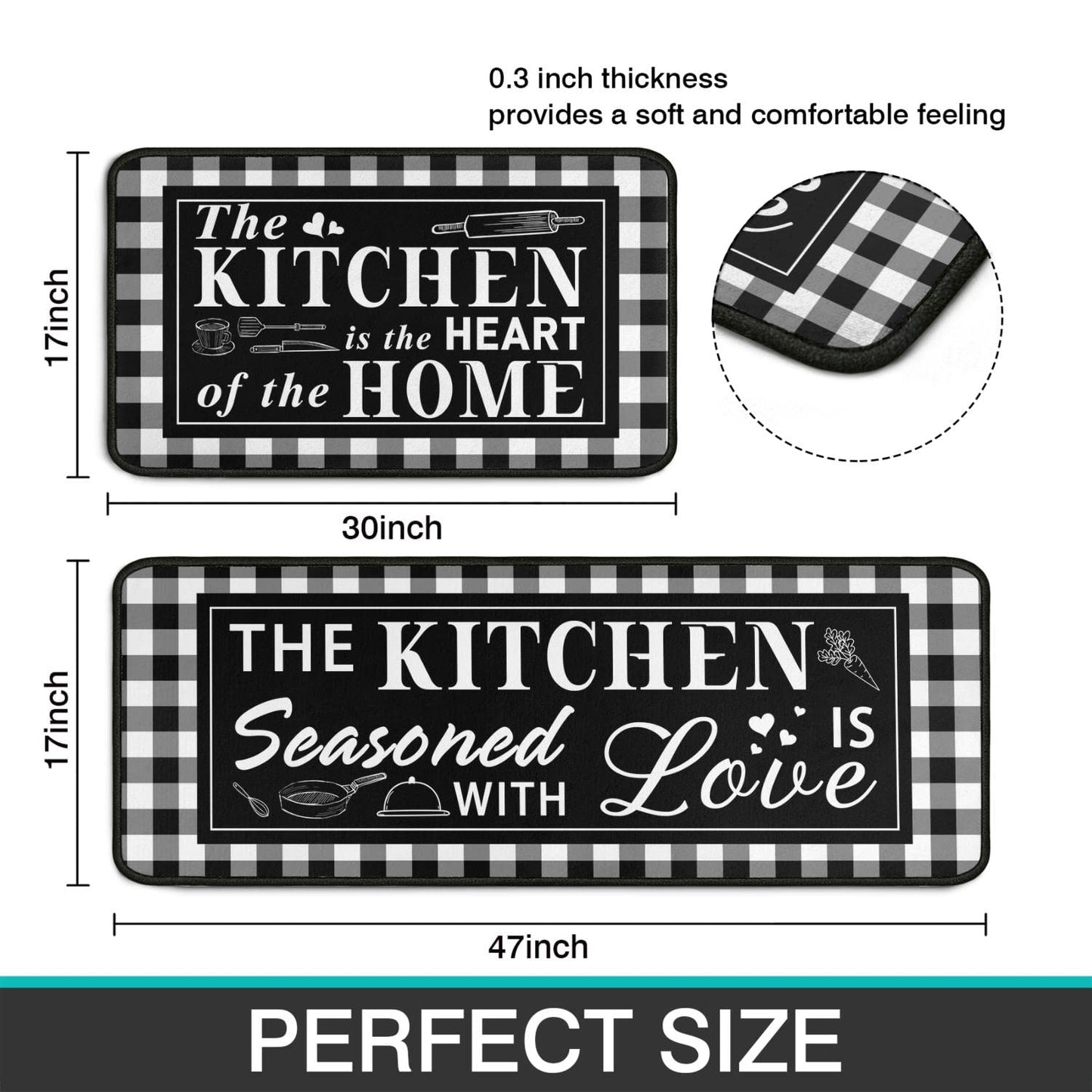 2 Piece Buffalo Plaid Black and White Kitchen Rug Set, Home Kitchen Sink Rugs and Mats Non Skid Washable Absorbent Microfiber Kitchen Floor Decor Carpet 17" x 47"+17" x 30" Tapetes para Cocina