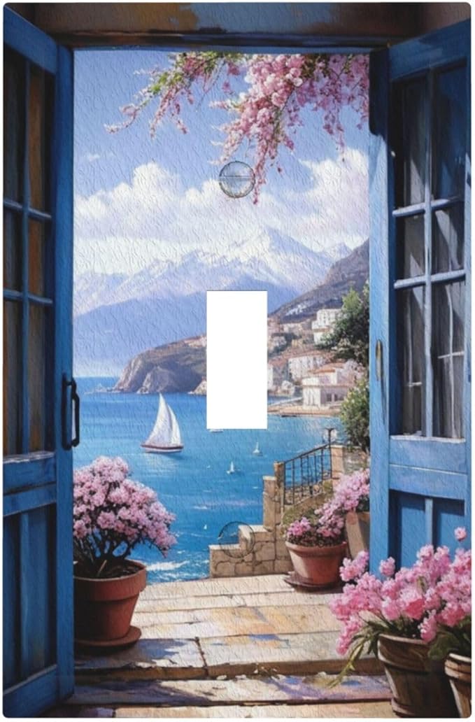 Decorative Art Light Switch Covers Seaside Window View Single Toggle Wall Plate Decorative Switchcover Electrical Switchplate for Home Decor