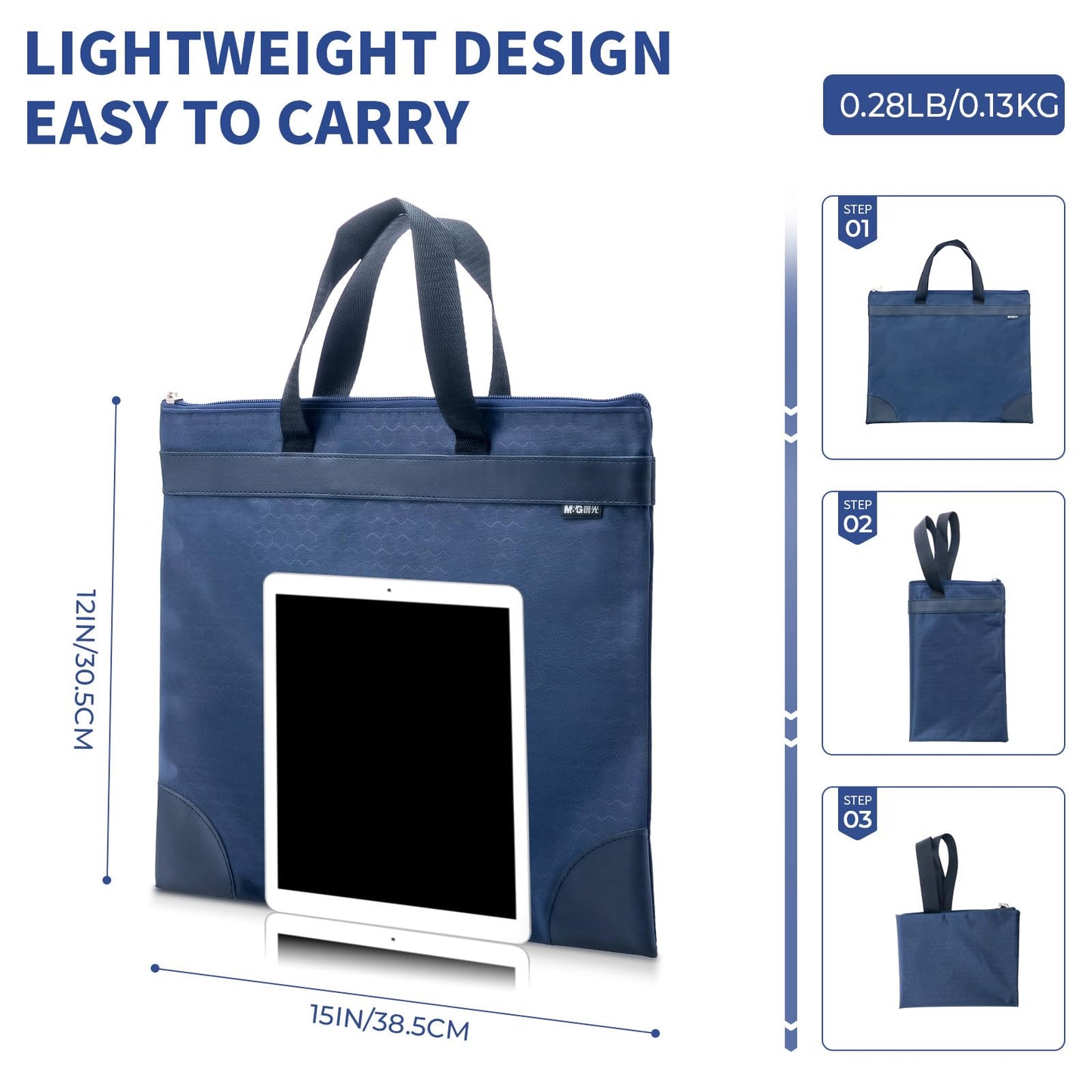 M&G 12x15 in Large Zipper Pouch with Handle, A4 Foldable Lightweight Pocket Waterproof Oxford Document Storage Bag, File Organizer for Office Travel Books Papers Filing Folder – 1 Pack (Blue)