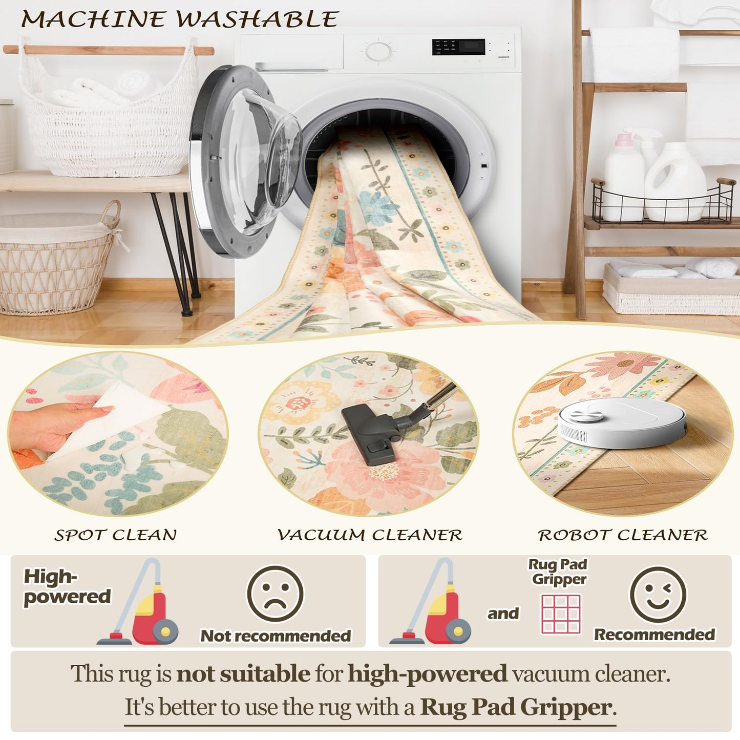 RELEANY Floral Square 5ft Area Rugs Washable Print Boho Cute Carpet Non Slip Flower Low Pile for Living Room Bedroom Kitchen Office Farmhouse-Beige/White/Orange