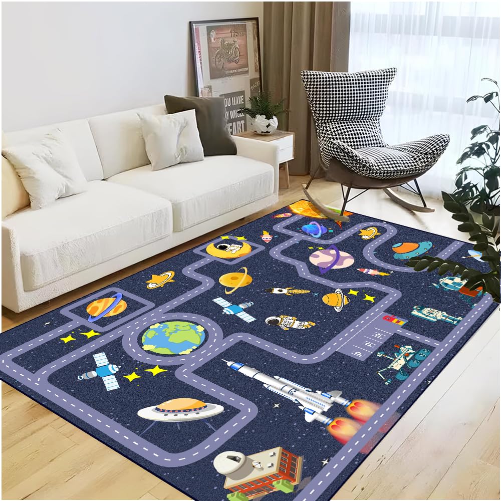 Pyrrhite Outer Space Kid Rug，Boys Car Rug for Kids Toy Cars Have Fun Safely, Non-Slip Educational City Road Rugs Carpets for Kid Room Bedroom（47×31 in