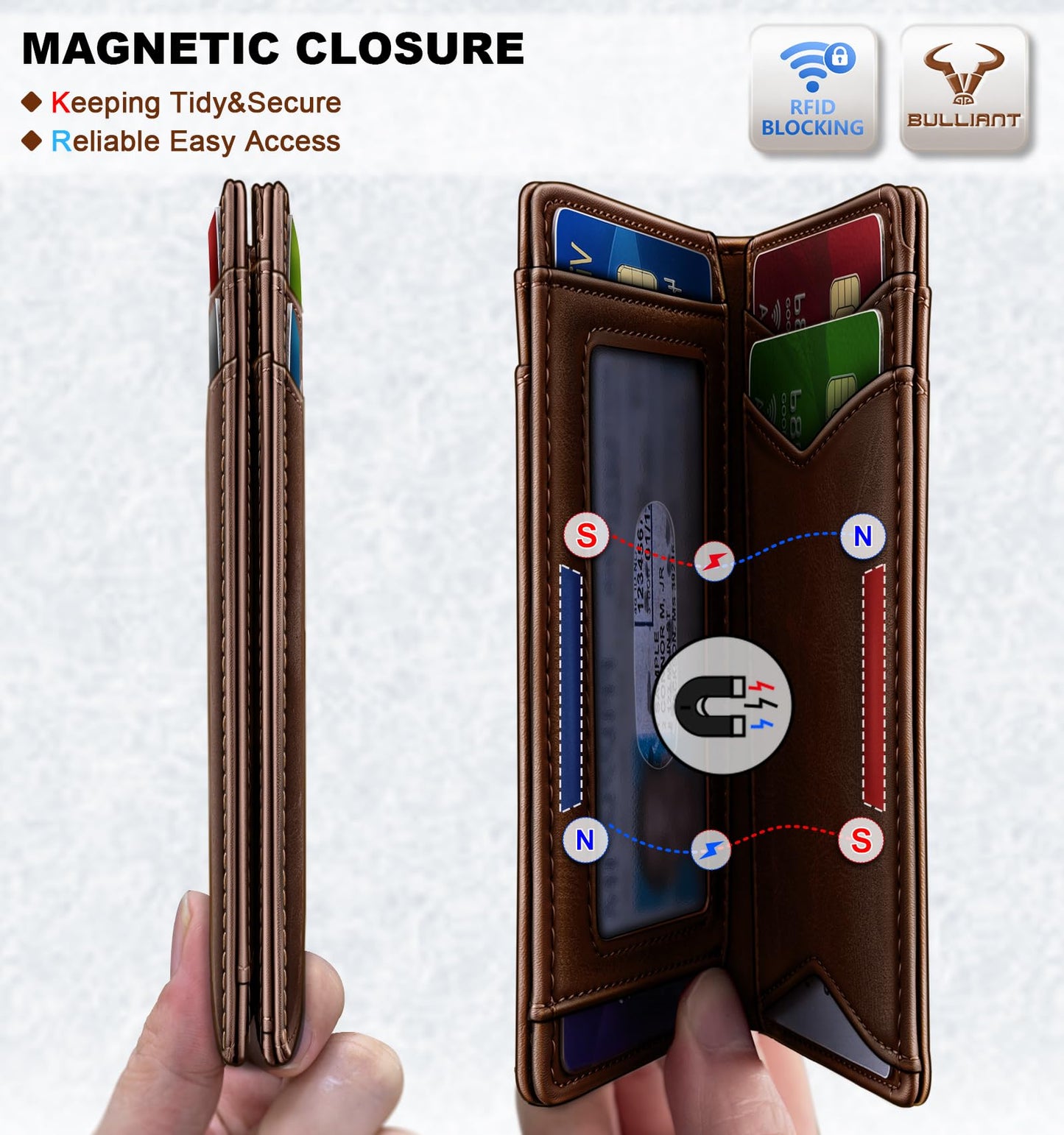 BULLIANT Men Full Grain Wallet,Slim Wallet Magnetic Closure Simplifed Bill Folder RFID Blocking 11Cards