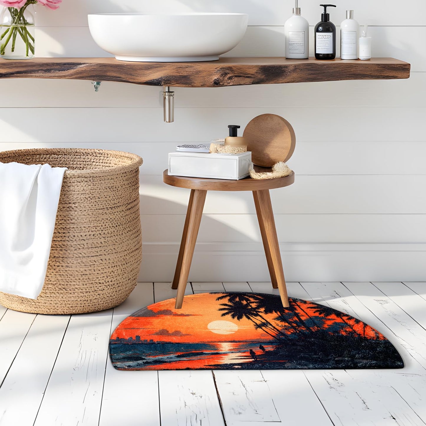 Soft Half Round Palm Bathmat Doormat Outdoor Rug Non-Slip Beach Bath Rugs Semi Circle Bathroom Door Mat Cool Welcome Mats Decor Leisure Ocean Style Mats Floor Mat (Sunset)