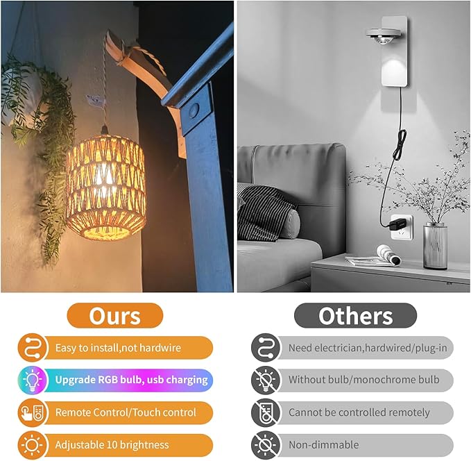 Frideko Boho Rechargeable Wall Sconces Set of Two with Remote, RGB 15 Colors Dimmable Battery Operated Wall Light, Indoor Wireless Wall Lamp with 3 Timer, Farmhouse Rattan Wall Lighting for Bedroom