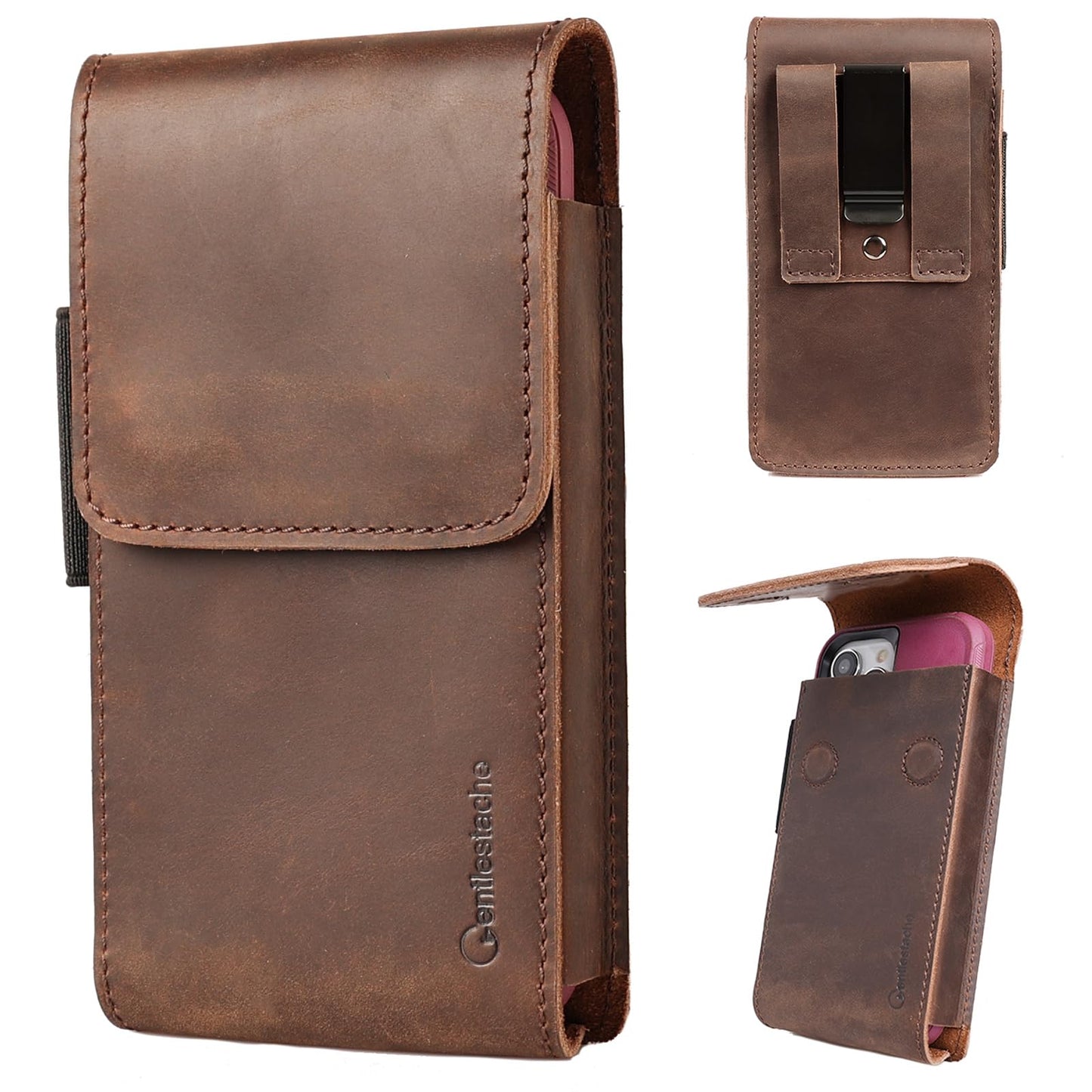 Gentlestache Leather Phone Holster for iPhone 16 Pro, 15 Pro, 14 Pro - Cell Phone Case for Galaxy S25, S24, S23 - Belt Clip Phone Pouch - Fits with Thick Case, Darkbrown-L