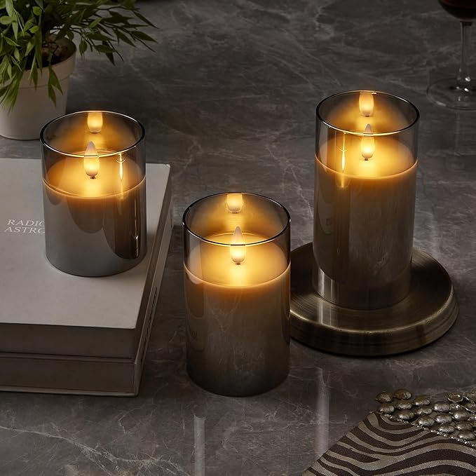Glass Flameless Pillar Candles Flickering with Remote Timer, Battery Operated LED 3D Moving Flame Real Wax Candles,Remote Included (Gray)