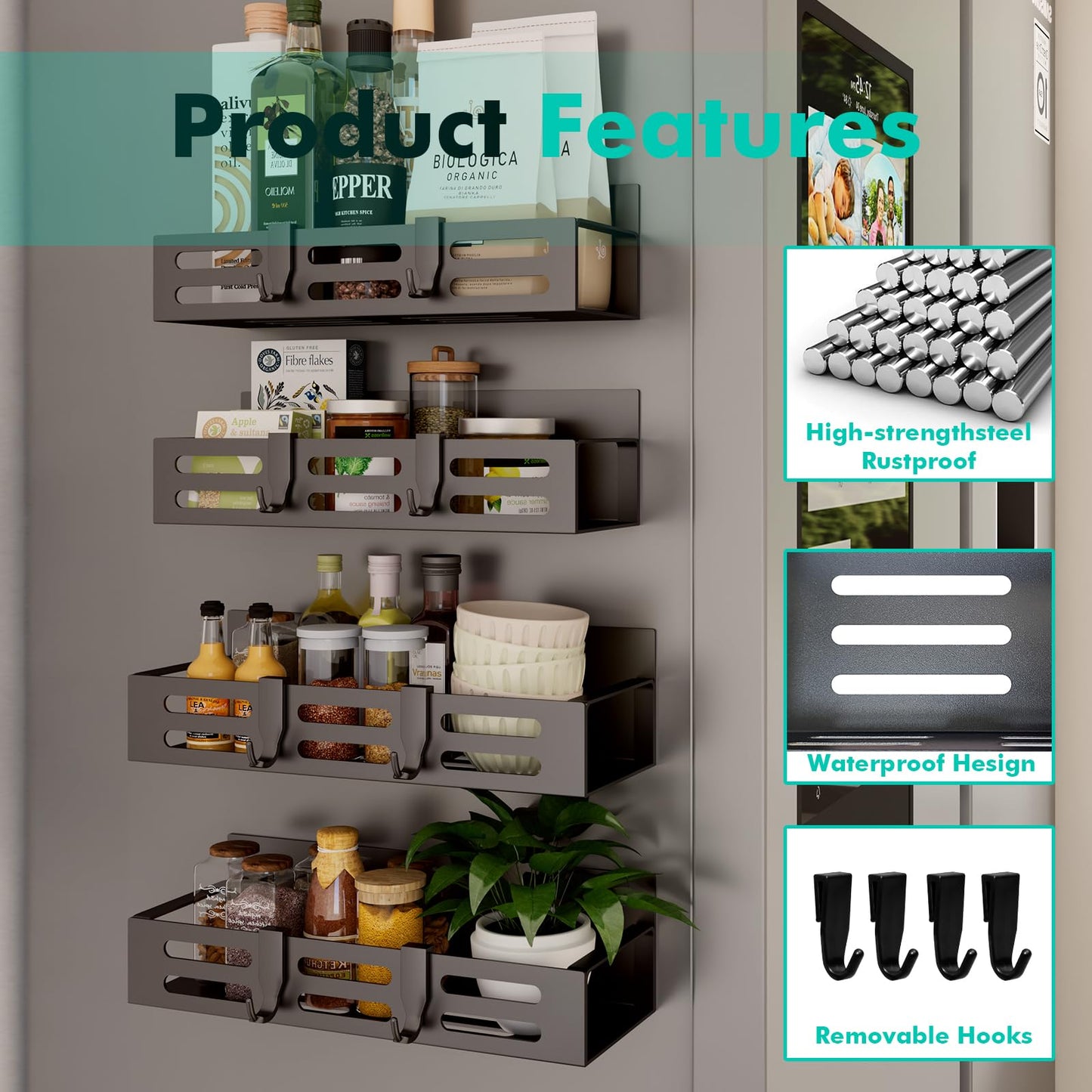 2 Pack Magnetic Spice Rack for Refrigerator, Black Magnetic Shelf and Fridge Kitchen Cabinet Organizers Storage Seasoning Organization Mini Shelves, Organizadores de Cocina