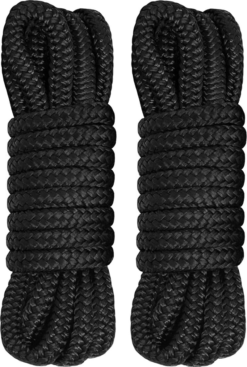 PACTHSD 2 Pack 1/2" x 15' Dock Lines - Marine Grade Nylon Boat Rope with 12" Loop for Docking and Mooring - Double Braided Boat Lines, High Strength, Easy Handling, Fray Resistant - Black