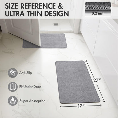 MIULEE Set of 2 Ultra Thin Bathroom Rugs, Rubber Bath Mats for Bathroom Non Slip, Quick Dry Absorbent Bath Rug Machine Washable, Fit Under Door, Shower, Sink, Home Decor, Grey, 17x27 Inch
