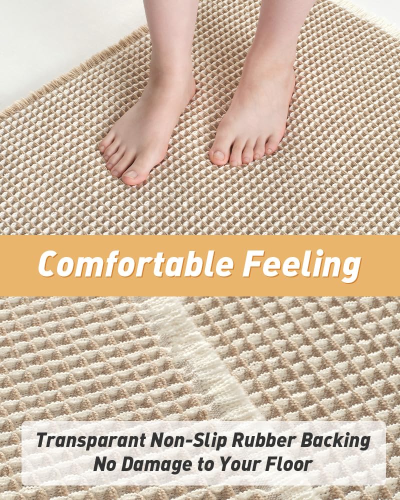 AMOAMI Upgraded Waffle Runner Rug Super Absorbent Non Slip Bath Mats for Bathroom Machine Washable Bathroom Runner Rug with Tassels, Ideal for Hallway Bedroom Laundry Room, 2' x 6', Brown & Cream