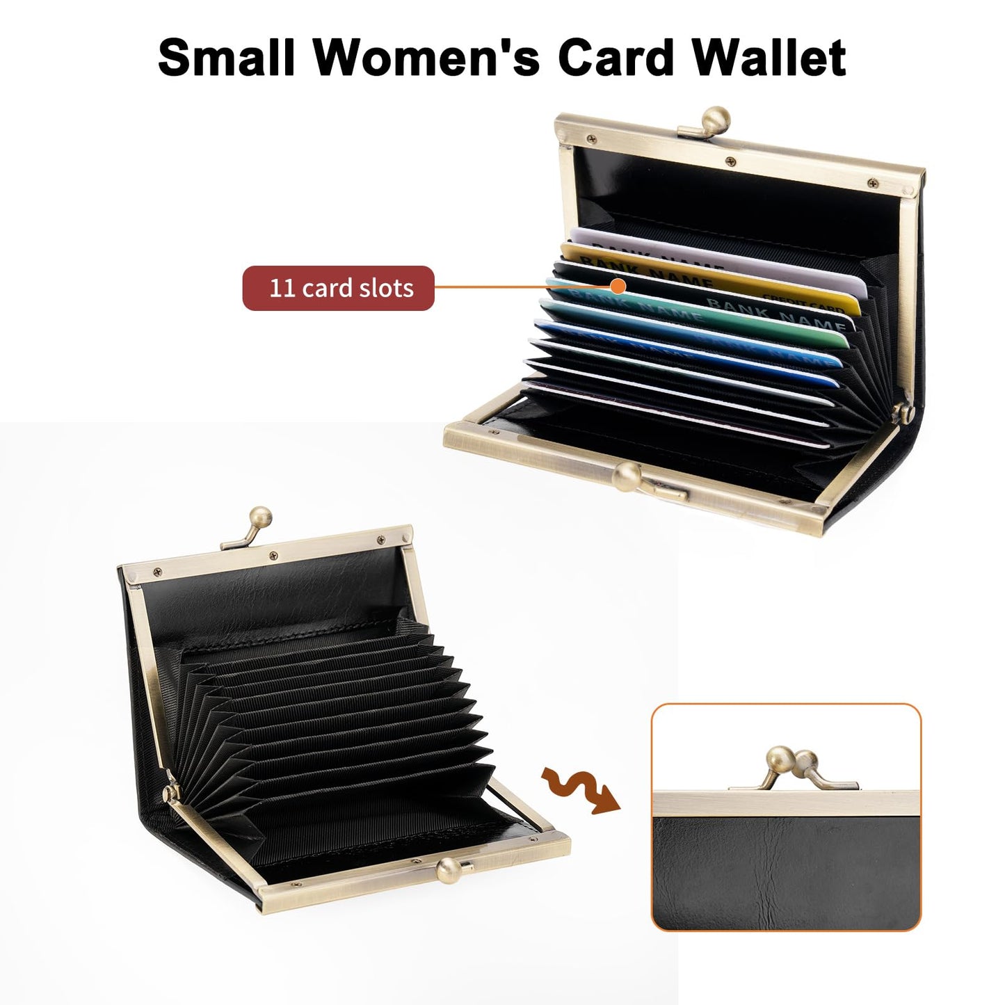 GOIACII Credit Card Holder Vintage Wallet for Women Genuine Leather Ladies Card Cases with Kiss Lock Small Black