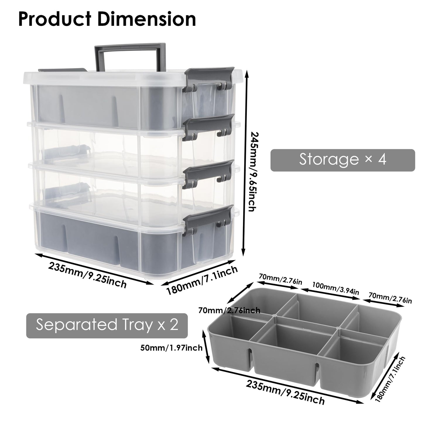 CraftGenes Grey&White Modern Plastic Storage Box - 4-Layer Durable Craft Storage Containers with 2 Removable Trays for Arts & Crafts Supplies, Sewing, Office, Seasonal Decor