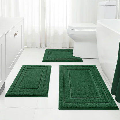 HOMEIDEAS Bathroom Rugs Sets 3 Piece, Super Soft and Absorbent Non Slip Microfiber Toilet Bath Mat with U-Shaped (Dark Green)