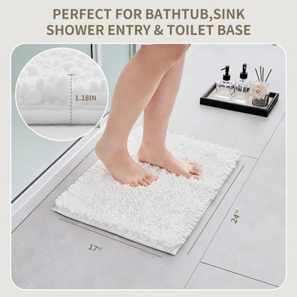 Ruggnovea Bathroom Rugs Non Slip Washable, Extra Thick Soft Chenille Absorbent Bath Mat, High Density Barrier Non Slip Backing, Quick Dry Plush Shaggy Floor Carpet for Tub&Shower 24x17, White