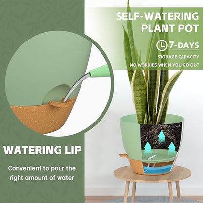 ZMTECH 9/10/12 Inch Plant Pots Sets, Selfwatering Planters with Drainage Holes Saucers for Indoor Outdoor Plants, Plastic Flower Pots for House Kitchen Window Garden(Green, 3 Pack)