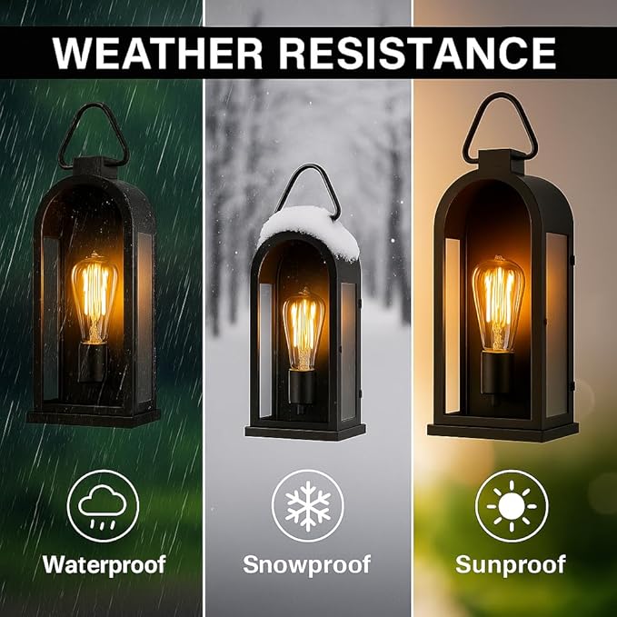 Vintage Outdoor Wall Light Fixtures (2 Pack) - Matte Black Porch Lantern/Exterior Wall Sconce, Glass Shade, Sturdy Metal Frame, Waterproof & Anti-Rust, for Entryway/Garage/Patio/Doorway, E26 Socket
