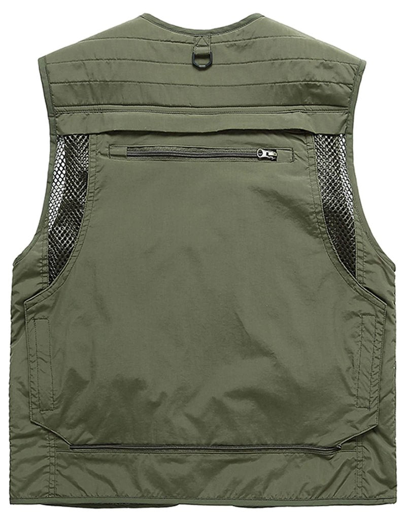 Flygo Men's Casual Lightweight Outdoor Fishing Work Safari Travel Photo Cargo Vest Jacket Multi Pockets(Large, Army Green)