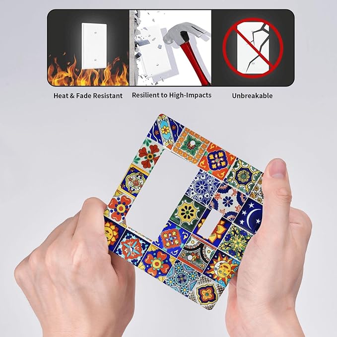 Traditional Colorful Talavera Mexican Spanish Moroccan Tiles 2 Gang Combination Light Switch Cover Decorative Toggle Rocker/Decora Wall Plate Electrical Faceplate for Bathroom Kitchen Home Decor