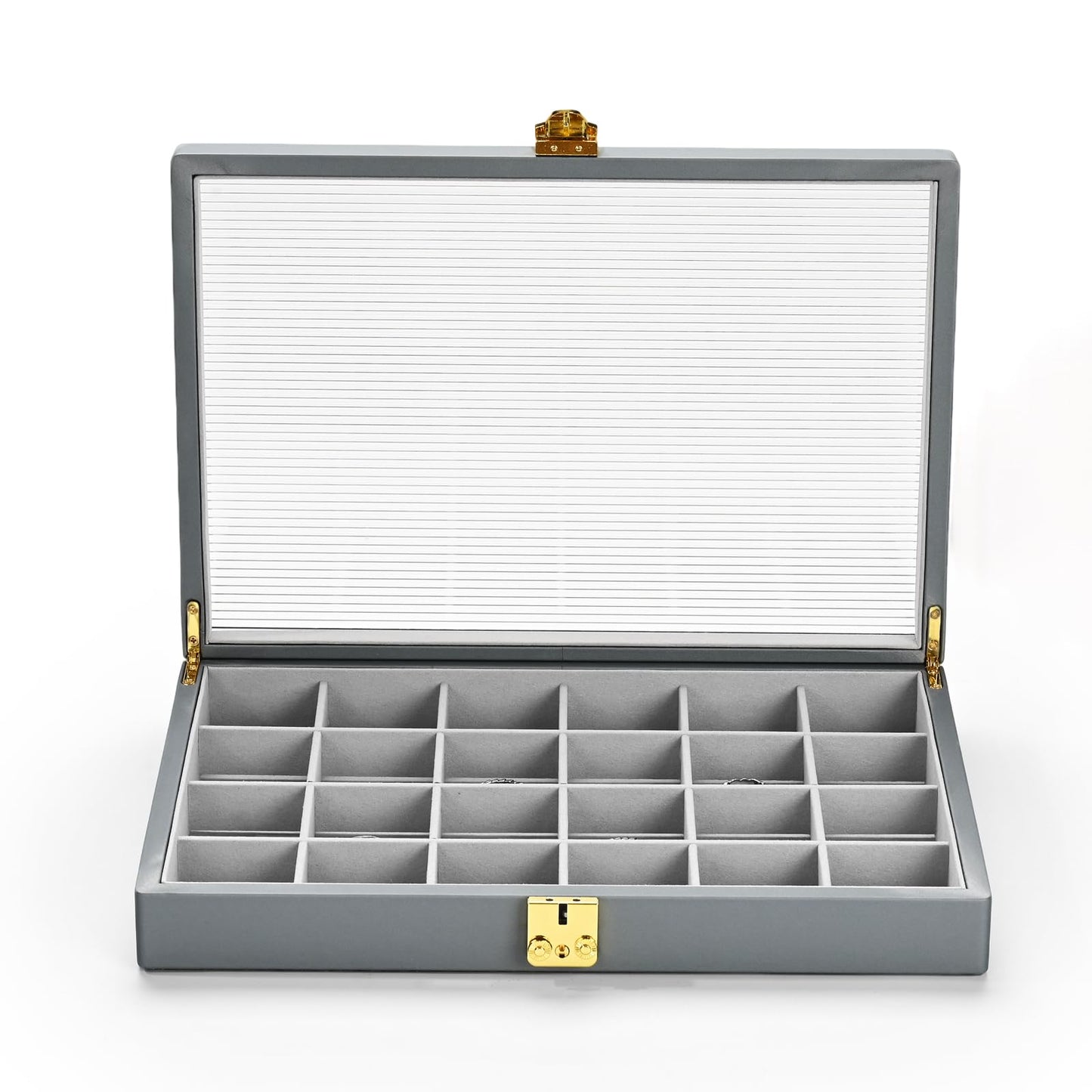 Oirlv Grey Leather Jewelry Organizer Jewelry Tray with Lid Jewelry Organizers and Storage for Drawers Pendant Ring Display Case Box for Women Jewelry Organizer with Lock (24 Grid)