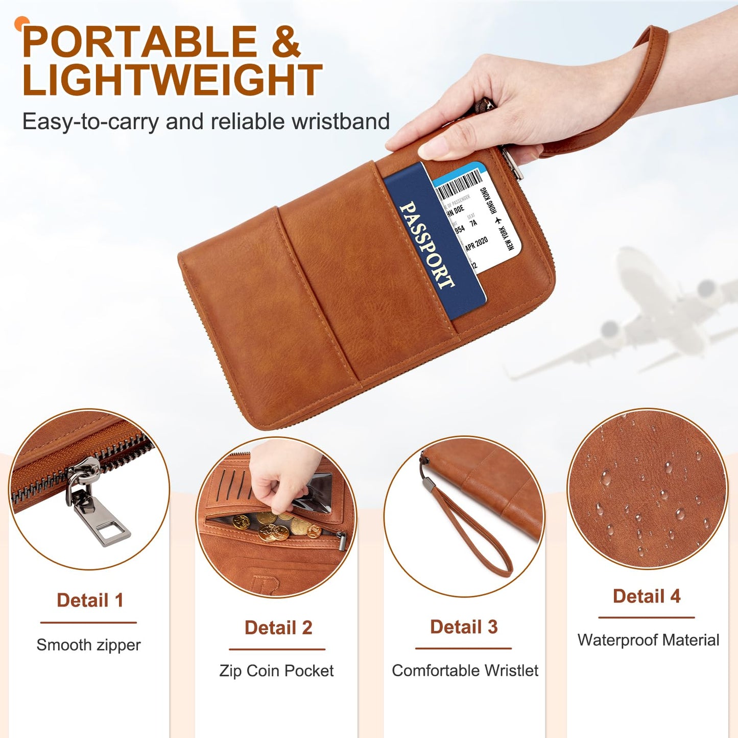 ZENTREON Family Passport Holder Wallet with Zipper, RFID Blocking Travel Document Organizer, PU Leather Passport Wallet for Women Men, Passport Cover Travel Wallet for Boarding Pass, ID, Money, Ticket